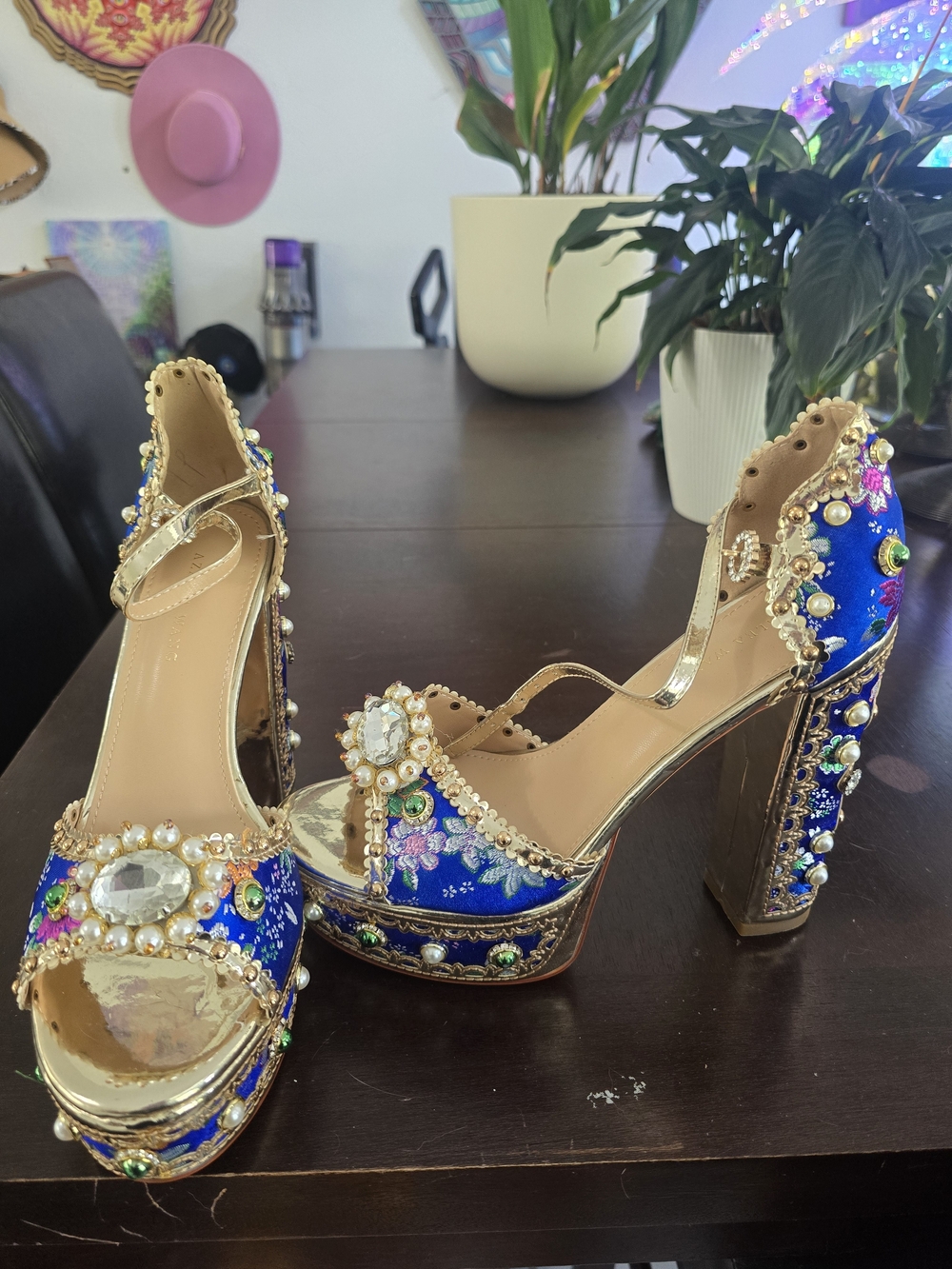 Embellished Blue Platform Heels with Gold Accents